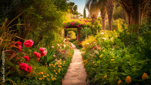 A mesmerizing image of a winding garden path in a luxury summer villa, surrounded by vibrant flora and offering a peaceful retreat