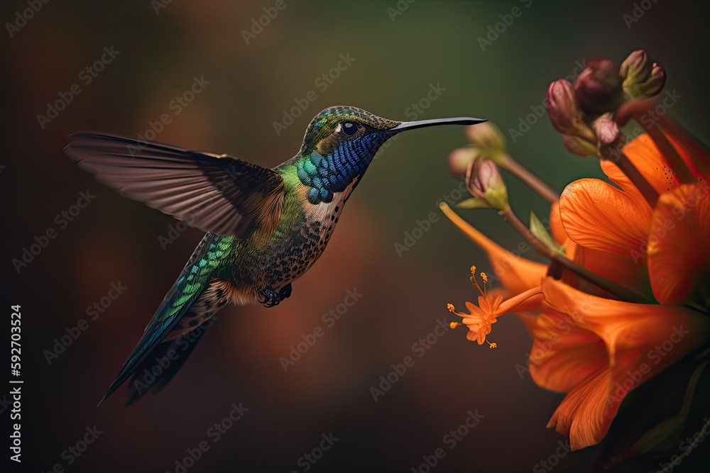 Obraz premium Humming bird hovering over pollen filled orange flowers. Generative AI