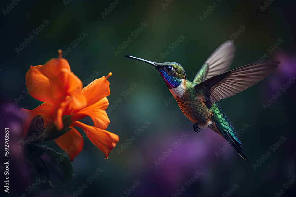 Fototapeta premium Humming bird hovering over pollen filled orange flowers. Generative AI