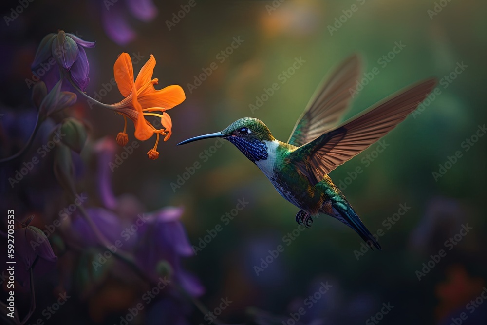 Fototapeta premium Humming bird hovering over pollen filled orange flowers. Generative AI