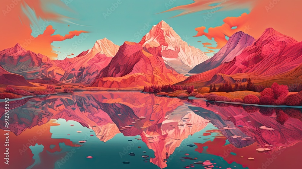 Colored illustration of a natural landscape mountains and a lake in the summer. Generative AI.