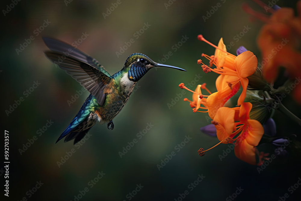 Fototapeta premium Humming bird hovering over pollen filled orange flowers. Generative AI