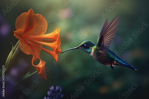 Humming bird hovering over pollen filled orange flowers. Generative AI