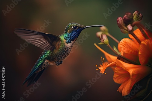 Humming bird hovering over pollen filled orange flowers. Generative AI © Gelpi