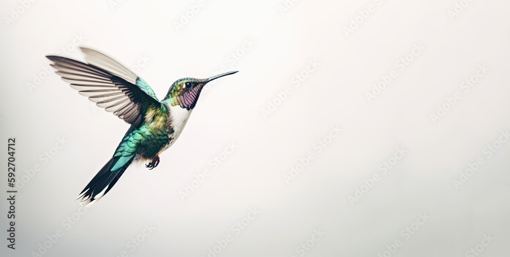 Obraz premium Humming bird hovering isolated on a white background. Generative AI
