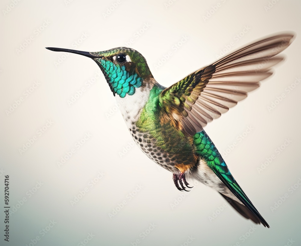 Fototapeta premium Humming bird hovering isolated on a white background. Generative AI