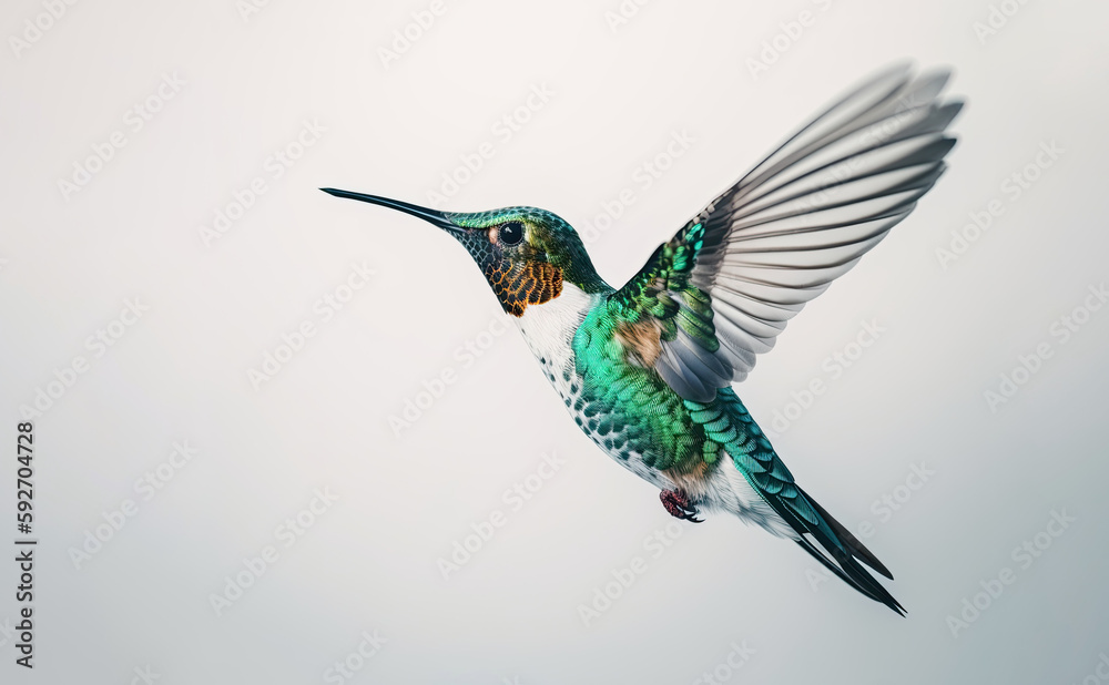 Obraz premium Humming bird hovering isolated on a white background. Generative AI