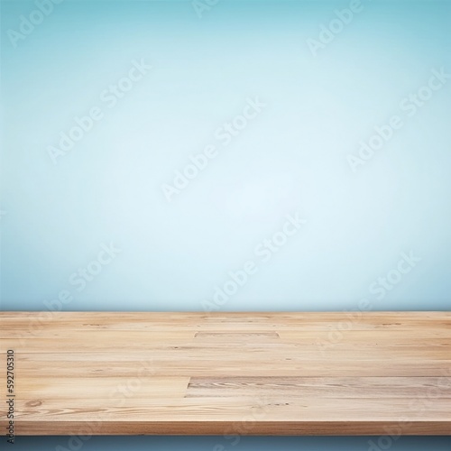 Empty wooden table with blue background. Created using generative AI