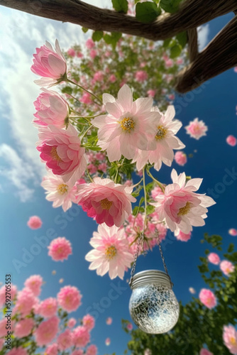 a close up of mason jar with flowers. generative ai. photo