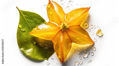 Fresh star fruit, carambola with water drops on a white background, top view photo