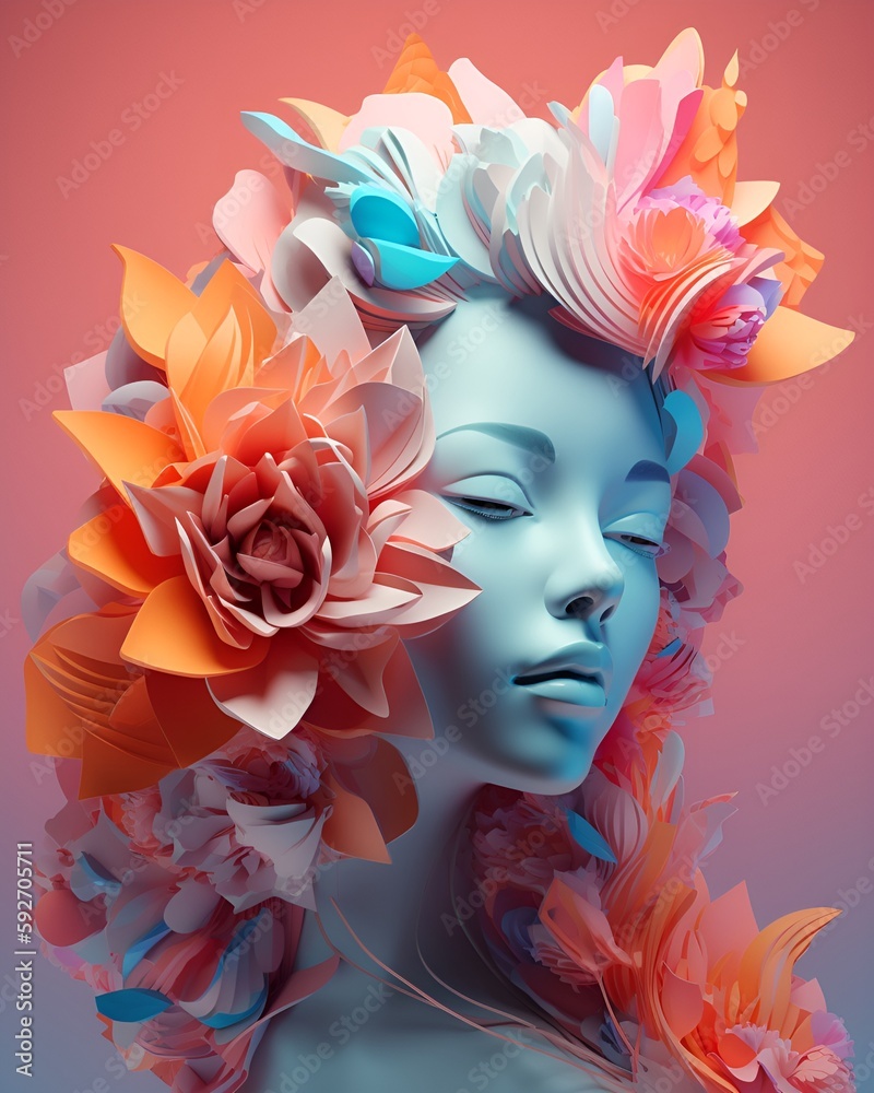 Series of Elegant Allure: Abstract 3D Art of Woman's Face, Futuristic Flower in Striking Pastel Shades of Pink and Orange