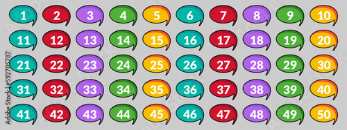 numbers one through fifty with colorful bubbles