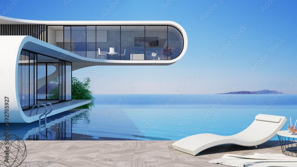 Fototapeta premium Futuristic modern villa pool on the sea