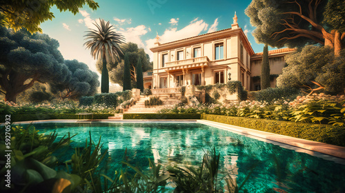A stunning image of an opulent summer villa, displaying its magnificent architecture, lush gardens, and inviting pool