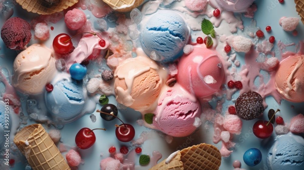 Delicious ice cream scoops background. Generative AI