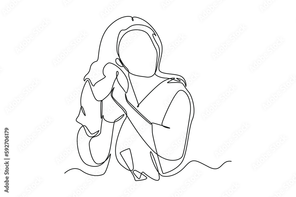 Single one line drawing woman drying his hair with towel. Bathroom activities concept. Continuous line draw design graphic vector illustration.
