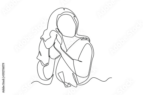 Single one line drawing woman drying his hair with towel. Bathroom activities concept. Continuous line draw design graphic vector illustration.
