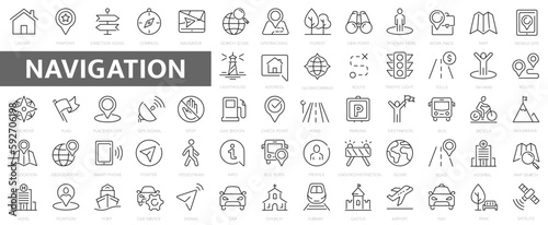 Navigation and location icons set. Map pointer, location, map, compass simple line icon symbol. 