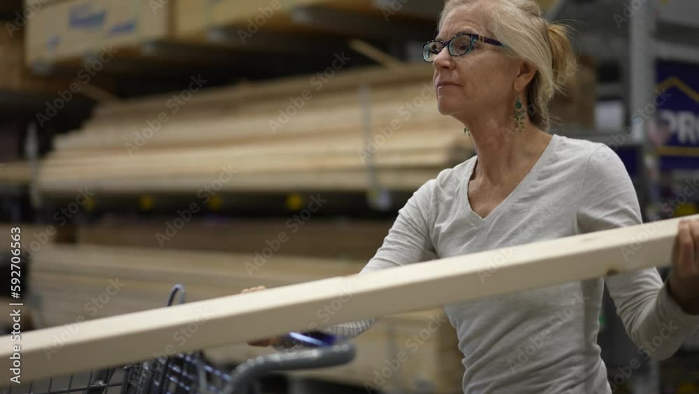 Closeup of mature elderly woman pushing shopping cart with construction wood in the lumber section of a big box hardware store.