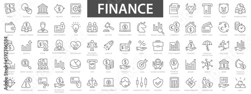 Fototapeta Naklejka Na Ścianę i Meble -  Finance icons set. Money, finance, payments, wallet, piggy, bank, check line icon. 