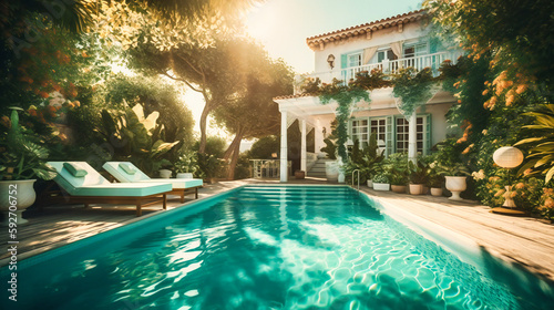 A captivating image of a sunny villa, highlighting an enticing pool and an elegant outdoor lounge for a blissful summer escape