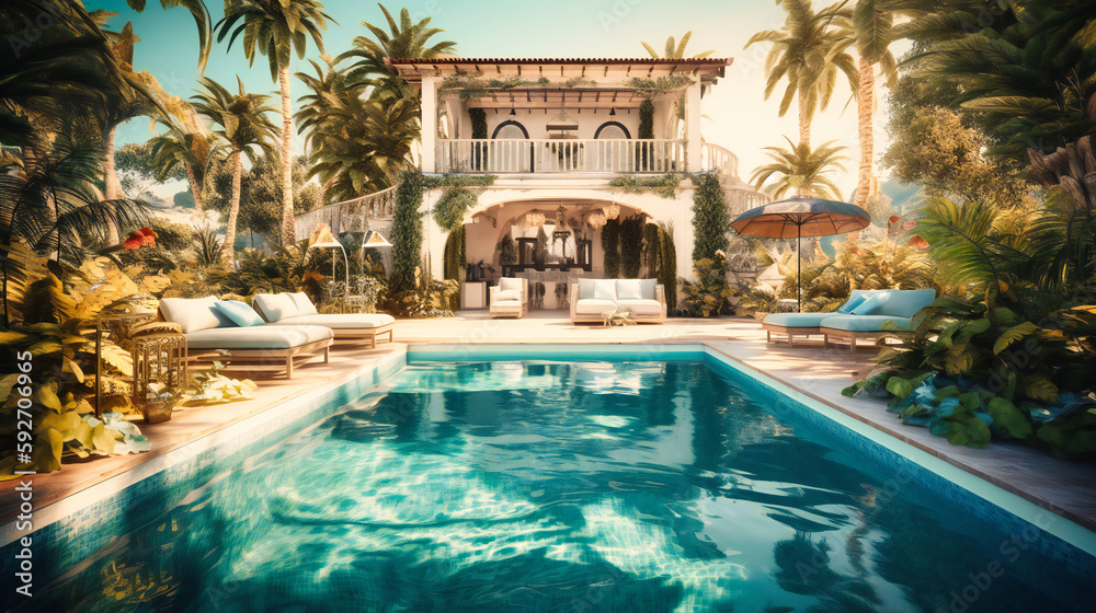 A captivating image of a sunny villa, highlighting an enticing pool and an elegant outdoor lounge for a blissful summer escape