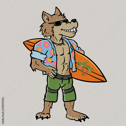 Surfer wolf cartoon vector illustration