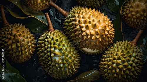 Fresh durian fruit background with water drops. Close up