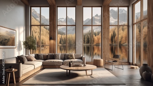 Vacation lake luxury mountain house living room rustic. Generative AI 