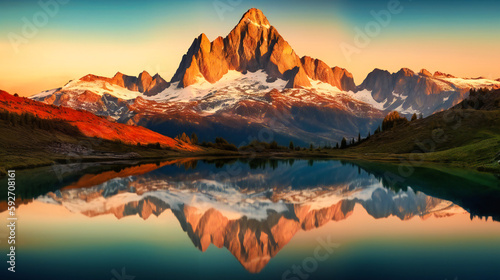 A breathtaking mountain landscape featuring a pristine lake reflecting the warm colors of a sunset © Nilima