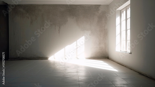 Empty, old and abandoned interior space, with shadows reflected by the bright daylight coming through the windows. Plaster walls aged by time. Generative AI