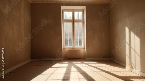 Empty  old and abandoned interior space  with shadows reflected by the bright daylight coming through the windows. Plaster walls aged by time. Generative AI