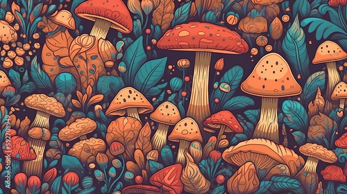 Mushrooms Pattern Background, Image Ai Generated