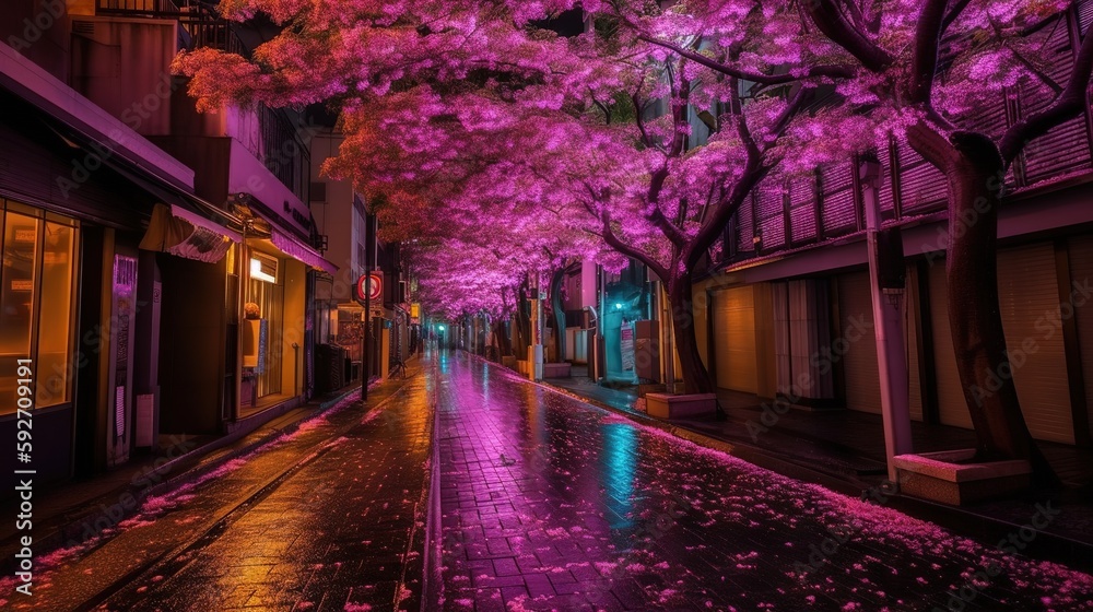 night in the city pink Sophora affinis Eve's Necklace japonica trees in japan