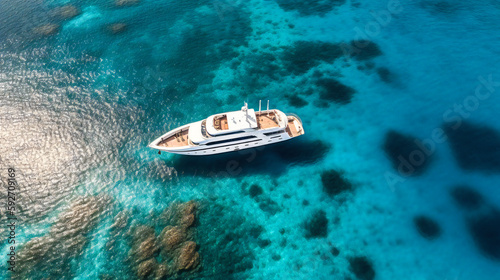 A stunning top-down view of a luxurious yacht sailing through a sun-kissed archipelago, surrounded by azure waters and lush islands © Nilima
