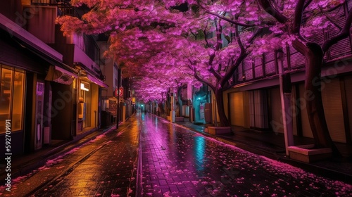 night in the city pink Sophora affinis Eve's Necklace japonica trees in japan