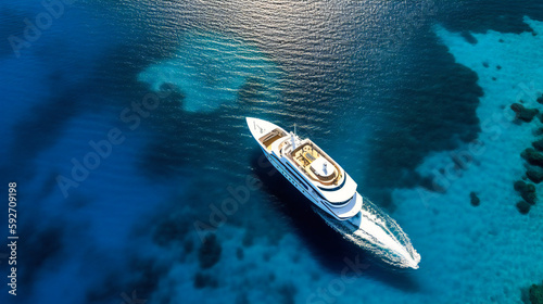A stunning top-down view of a luxurious yacht sailing through a sun-kissed archipelago, surrounded by azure waters and lush islands