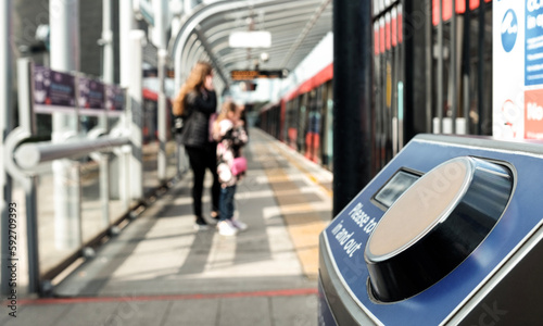 Contactless card reader machine for public transport in London.