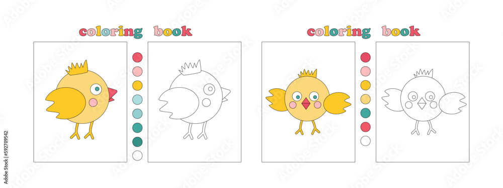 Coloring book page template for kids. Cute hand drawn characters for coloring. Funny yellow chickens. Coloring book with flower samples for youngest. Children Education. Vector illustration