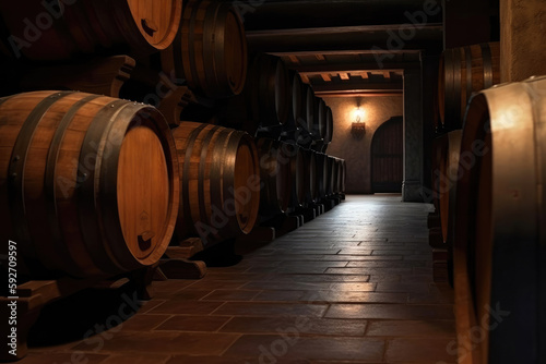 Wine barrels in a old wine cellar. Grape barrels in wine storage. Wooden oak barrels with whiskey in storage. Generative AI