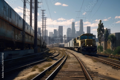 Train rushing through the big city. Generative AI