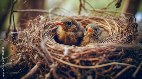 bird babies inside the nest in the forest