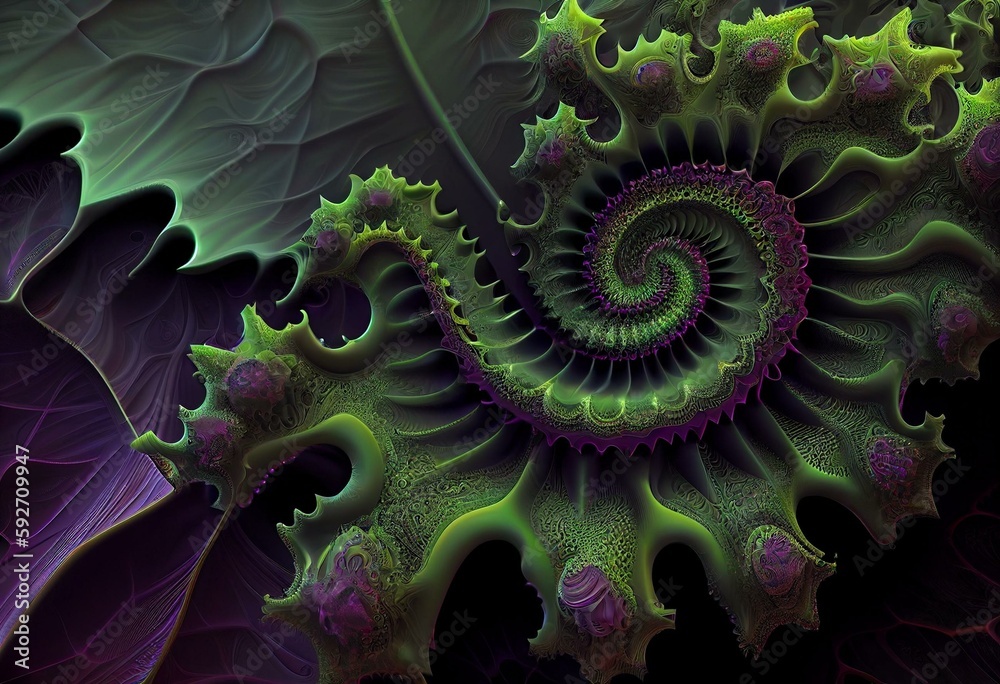 Green Purple Abstract Computer generated Fractal design. Fractals are ...