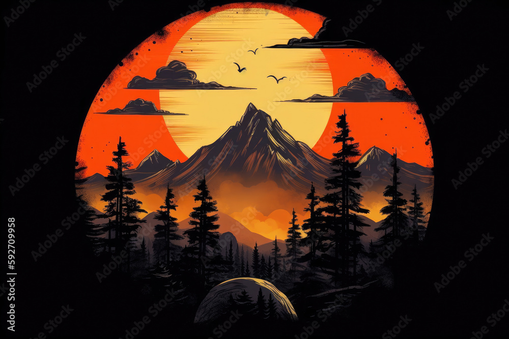 Beautiful sunrise background, Silhouette mountain style. Generative AI
