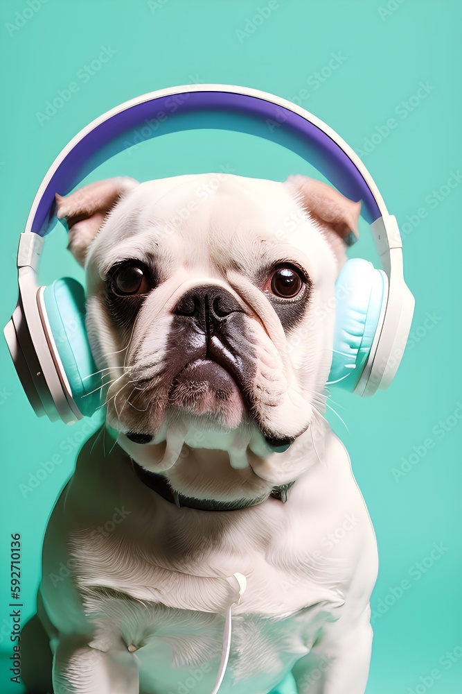 bulldog wearing a with headphones. Generative Ai.