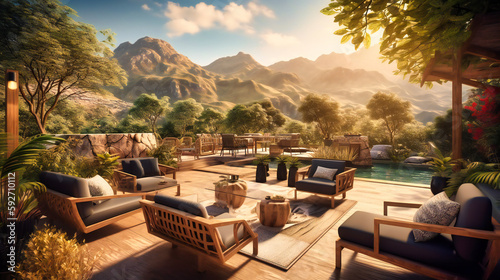 A panoramic view of a luxurious outdoor lounge area surrounded by majestic mountains and crystal-clear streams