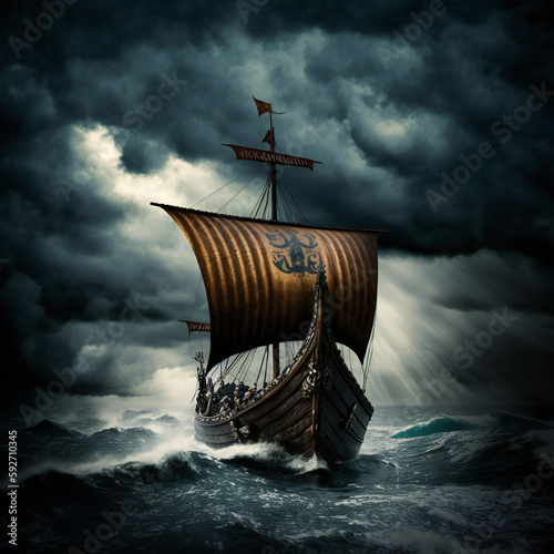 Viking ship sailing in storm at sea. AI generated photo