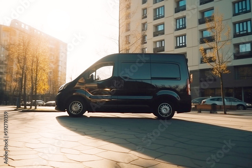 Black contemporary unbranded mock up EV minibus in summer city. Generative AI