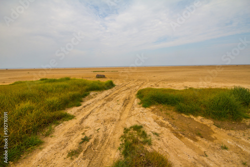 Takyr during the drying period, dry-type playa, clayey sandy soil. Dirt road photo