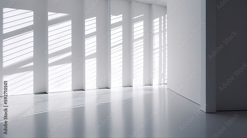 Obraz premium Empty room. Interior space, with shadows reflected by the bright daylight coming through the windows. Generative AI